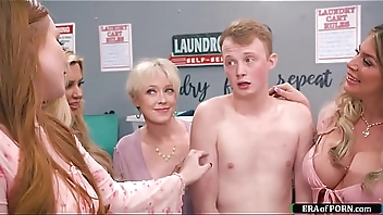 Guy fucks busty milfs in a laundry room